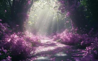 A path through a forest with purple flowers photo