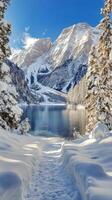 A snowy path leads to a lake and mountains photo