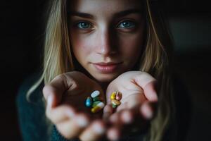 A woman holding a handful of pills photo