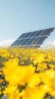A solar panel is in a field of yellow flowers photo