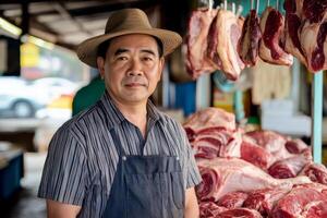 An asian man standing in front of meat photo