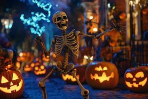 A skeleton is standing in front of pumpkins and halloween decorations photo