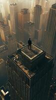 A man stands on top of a building photo
