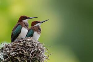Two birds are sitting on top of a nest photo