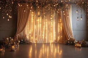 A wedding backdrop with lights and candles photo