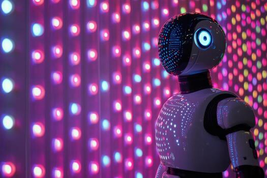 A robot standing in front of a colorful wall photo