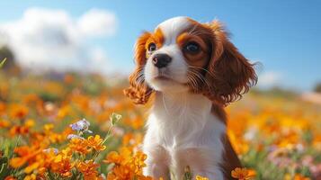 A puppy is sitting in a field of flowers photo