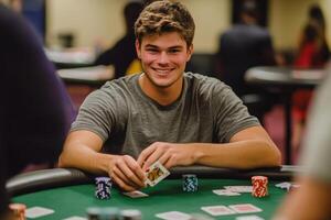 A young man smiles while playing poker photo