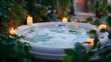 A hot tub with candles lit in the garden photo