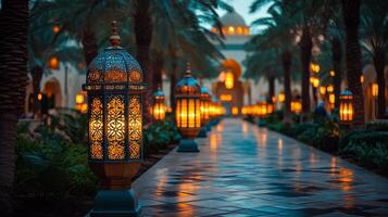 A walkway lined with palm trees and lit up lamps photo