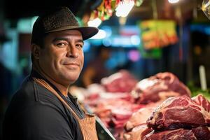 A man standing in front of meat on a counter photo