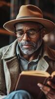 A man in a hat reading a book photo