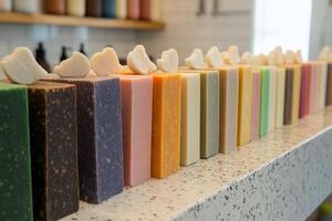 A row of soap bars on a counter photo