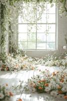 A room with white flowers and a window photo