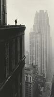 A man stands on the edge of a building in the fog photo