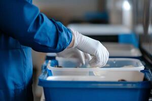 A person in a blue coat and white gloves is putting food into a container photo