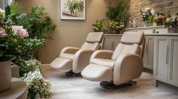 A salon with two massage chairs and plants photo