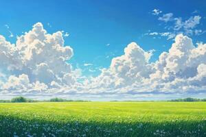 An anime painting of a green field with clouds photo