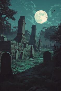 A dark, creepy graveyard with tombstones and trees photo