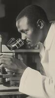 A black man in a lab coat looking through a microscope photo