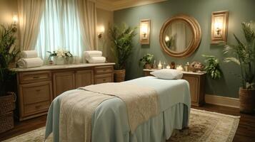 A spa room with a bed and a mirror photo