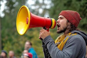 A man is holding a red and yellow megaphone photo