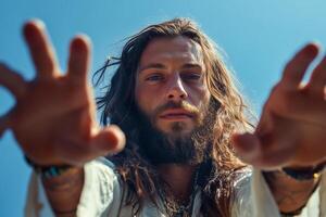 A man with long hair and long beard is holding his hands up photo