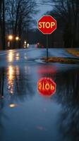 A stop sign is reflected in a puddle of water photo