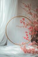 A round frame with pink flowers on a white background photo