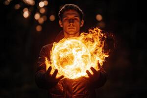 A man holding a burning ball of fire photo