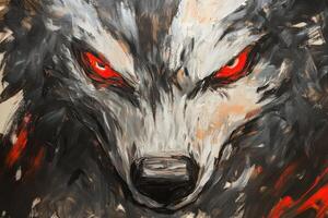 A painting of a wolf with red eyes photo