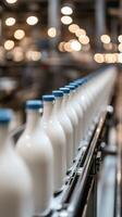 Milk bottles on a conveyor belt in a factory photo