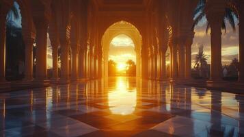 The sun setting in a long hallway with columns photo