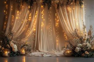 A wedding stage with a curtain and lights photo