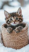 A kitten sitting in a basket on the snow photo