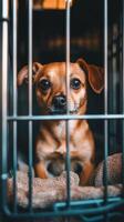 A small dog is sitting in a cage photo