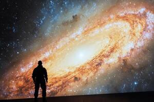 A man standing in front of a galaxy photo