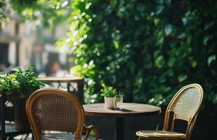 Two chairs and table on a patio photo