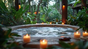 A jacuzzi tub surrounded by candles and plants photo