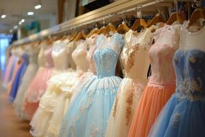 A row of dresses on a rack in a store photo
