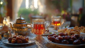 A table with a tea pot and a plate of food photo