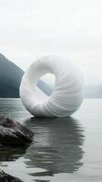 A sculpture made out of white fabric sitting on the water photo