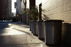 A row of trash cans on a sidewalk photo