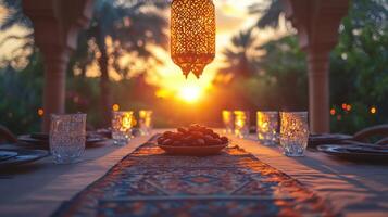 A table setting with a lamp and a bowl of fruit photo