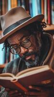A man wearing a hat and reading a book photo