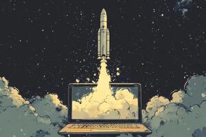 A laptop computer with a rocket on top of it photo