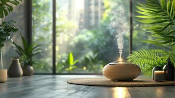 A humidifier in a room with plants and a window photo