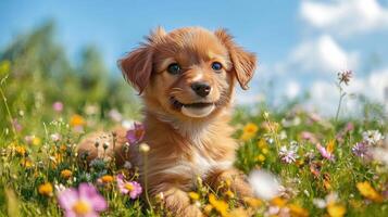 A puppy is sitting in a field of flowers photo