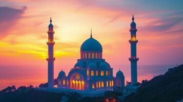 A mosque at sunset with a beautiful sunset photo