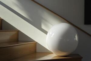 A white egg sitting on a wooden table next to a staircase photo